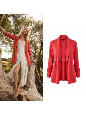 Sweater | Eileen Fisher Cotton Linen Cardigan Open Front Coral | Lightweight XS